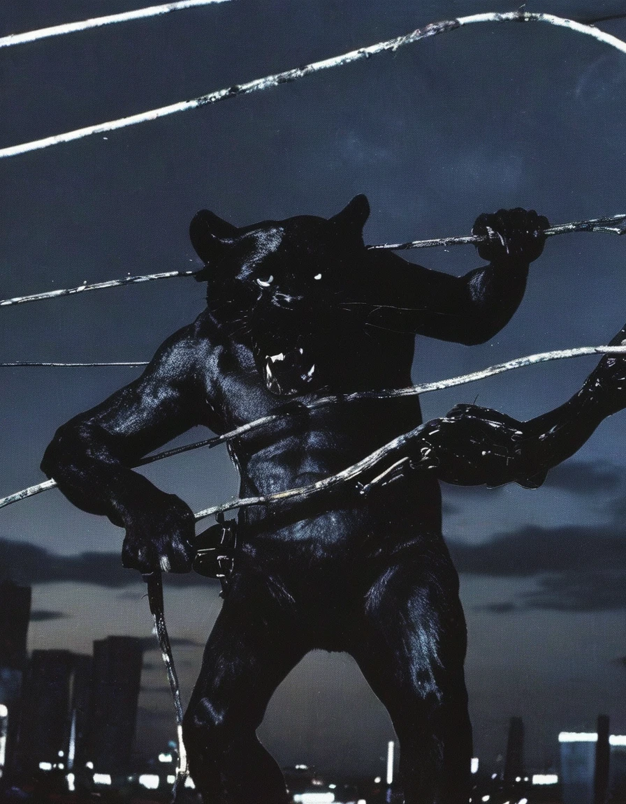 giant black panther sits on electric pole with many electric cables in bangkok at night
