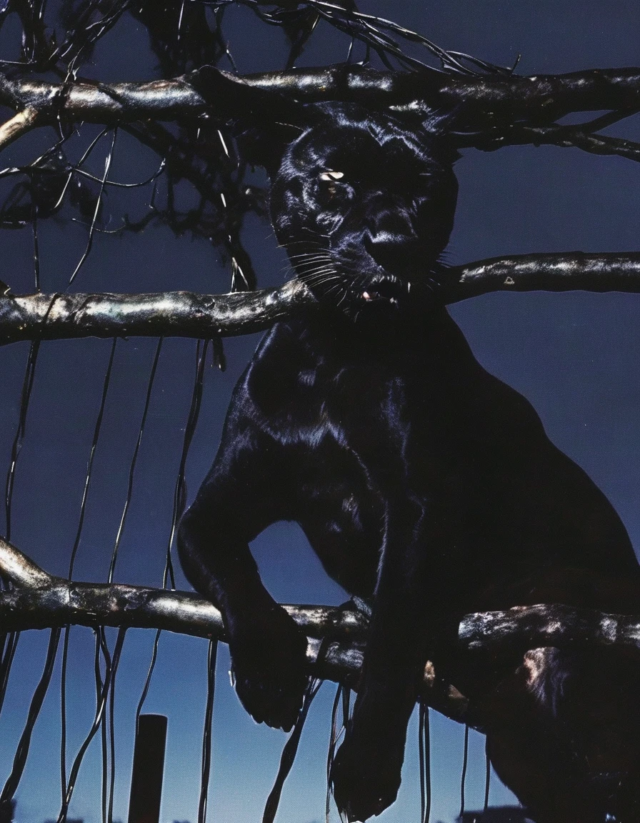 giant black panther sits on electric pole with many electric cables in bangkok at night