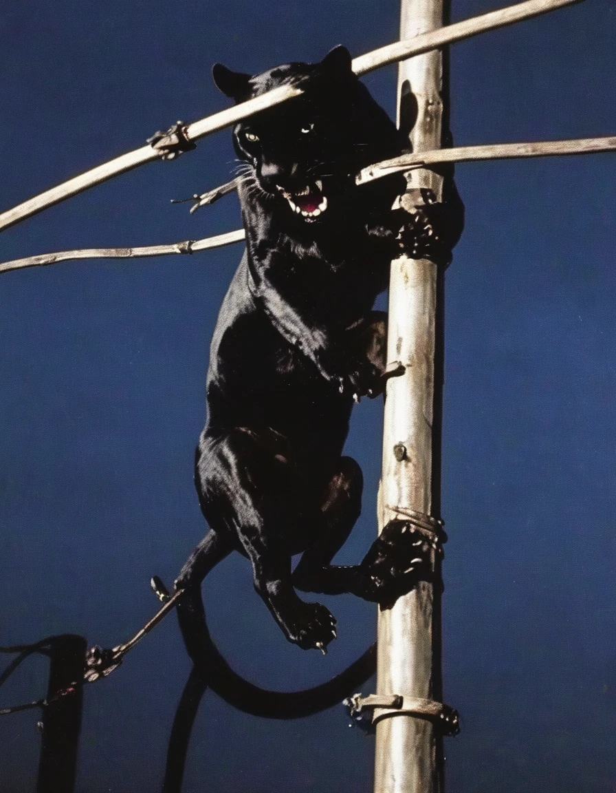 giant black panther sits on electric pole with many electric cables in bangkok at night