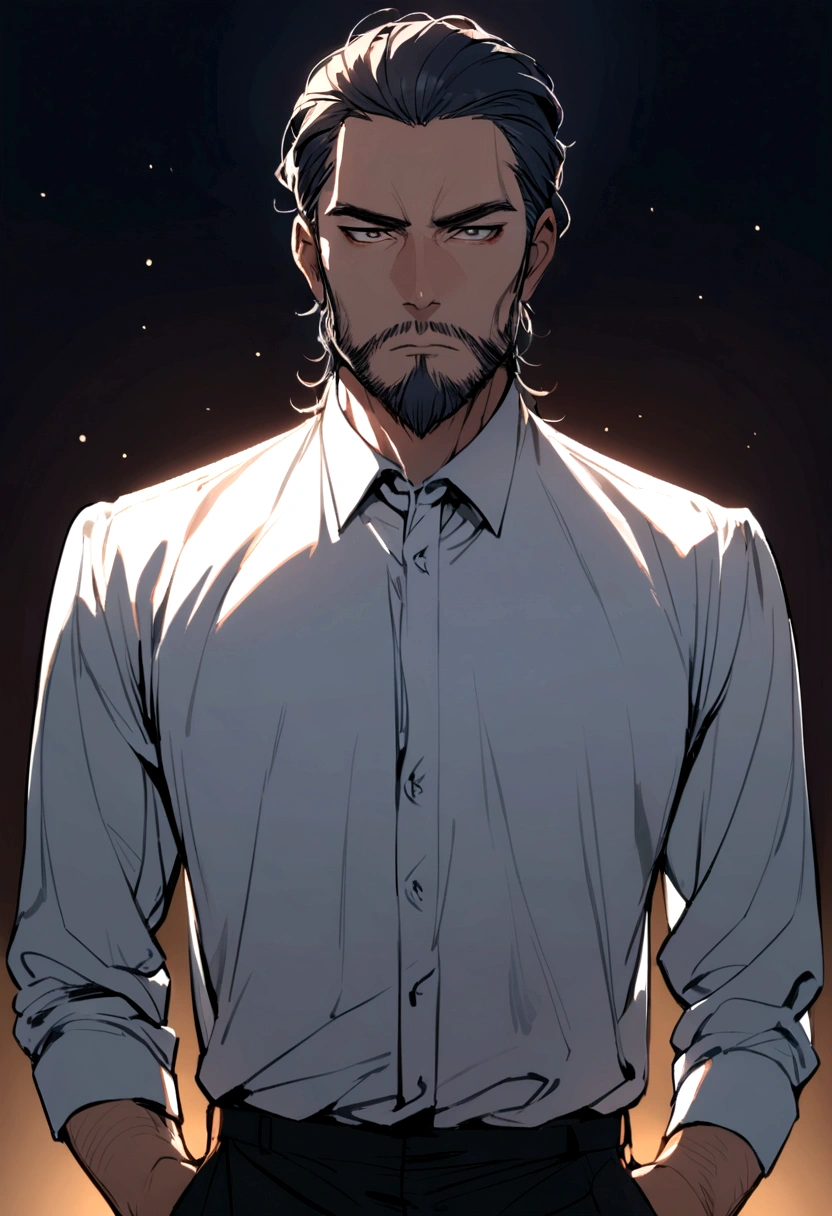 man with his thin beard, with a light on the front and wearing a formal shirt