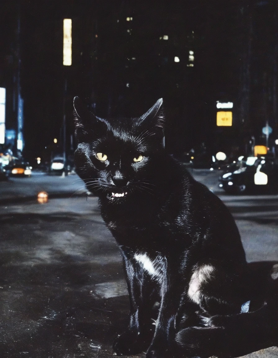   small kitten sits near giant black panther on new york street at night