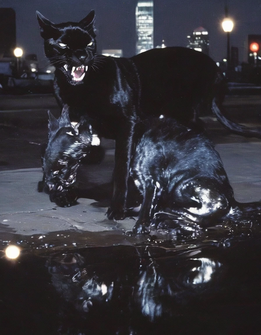   small kitten sits near giant black panther on new york street at night