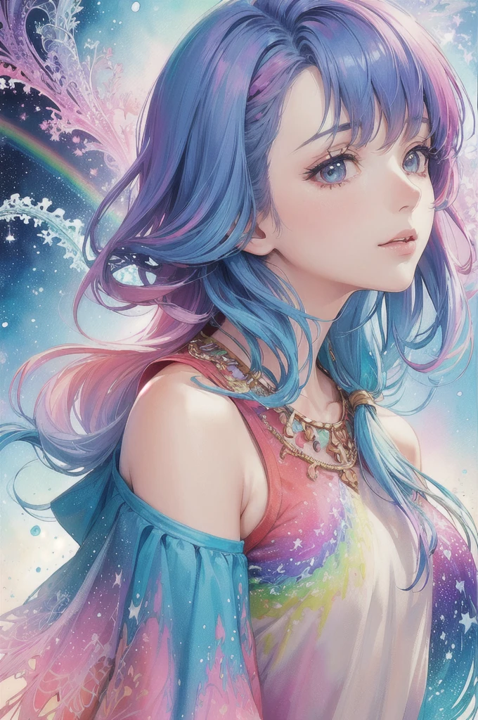 (masterpiece, top quality, best quality,watercolor (medium),official art, beautiful and aesthetic:1.2),(1girl:1.3), (fractal art:1.3),upper body, from side, looking at viewer,patterns,(rainbow color Hair,colorful hair,half blue and half pink hair:1.2),water,liquid, cloud,colorful, starry,stars,