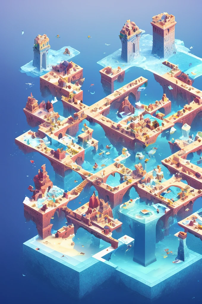 3 penguins looking for a treasure chest on a puzzle map,Beautifully sophisticated，cube，Sea view，iceberg，Creative scene design，trending on Art Station, Monument Valley, Level Design, Low Poly, Isometric Art, 3D Art, High Detail, Art Station, Concept Art, behance, Ray Tracing, Smooth, Clear focus, Ethereal Lights