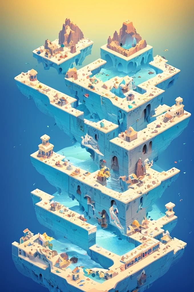 3 penguins looking for a treasure chest on a puzzle map,Beautifully sophisticated，cube，Sea view，iceberg，Creative scene design，trending on Art Station, Monument Valley, Level Design, Low Poly, Isometric Art, 3D Art, High Detail, Art Station, Concept Art, behance, Ray Tracing, Smooth, Clear focus, Ethereal Lights