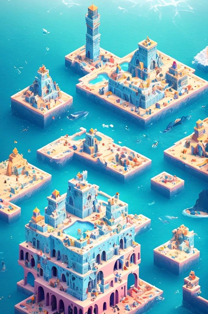 3 penguins looking for a treasure chest on a puzzle map,Beautifully sophisticated，cube，Sea view，iceberg，Creative scene design，trending on Art Station, Monument Valley, Level Design, Low Poly, Isometric Art, 3D Art, High Detail, Art Station, Concept Art, behance, Ray Tracing, Smooth, Clear focus, Ethereal Lights