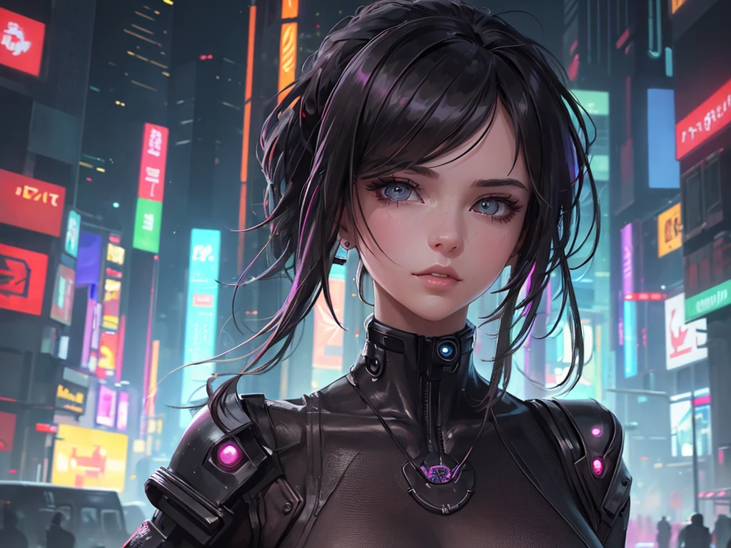 (masterpiece), (best quality), (very detailed), (1 person), (cyberpunk), future city background, detailed eyes, Detailed nose, Detailed lips, perfect face, perfect body, revealing clothing, (((Focus on the upper body and face))), placed on the left