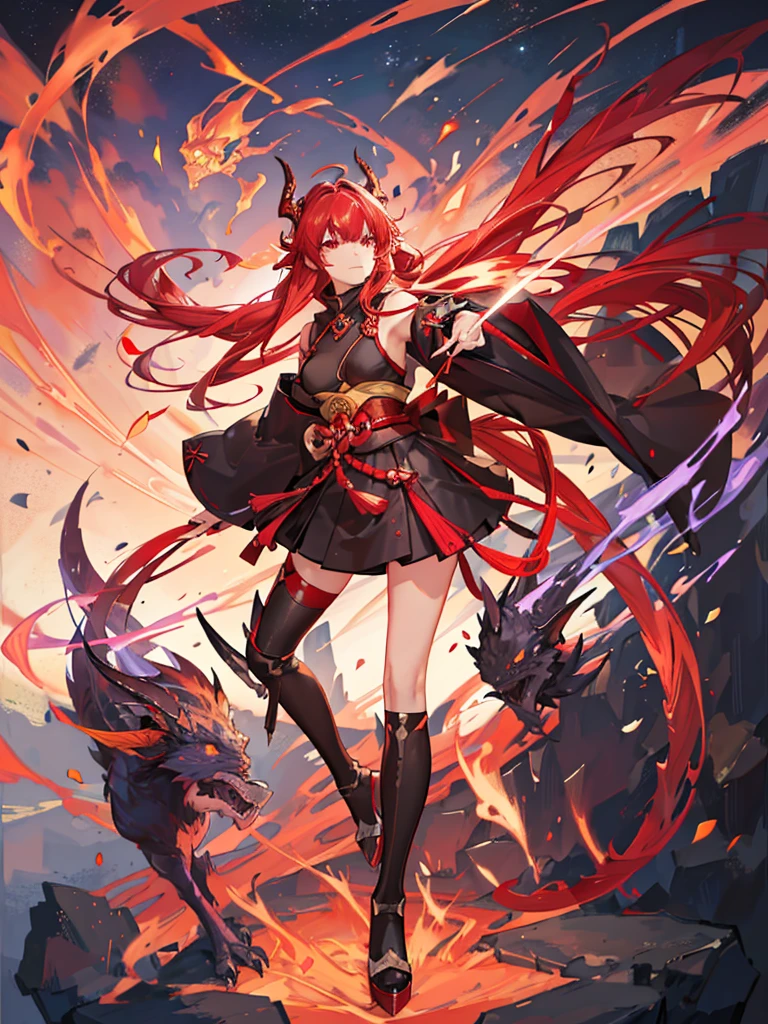 **Anime Art、A space illuminated with vibrant red and purple diagonal lines、One girl、Red Dragon personified、Small horns, red, angular long hair, bangs, large red eyes, a smirking expression、Wears armor that resembles a dragon、Equipped with two large shining Japanese swords、Two-sword fighting stance