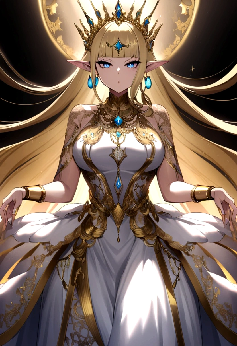 Adorned with luxurious accessories, the blonde-haired, blue-eyed elf queen captivates the viewer with her regal presence. Her gown, embroidered with gold and silver threads and intricately patterned with brightly colored threads, shimmers in the ethereal light. Ears adorned with pierced earrings sparkle, an elegant necklace adorns the slender neck, and rings and bangles adorn the fingers. giga_busty