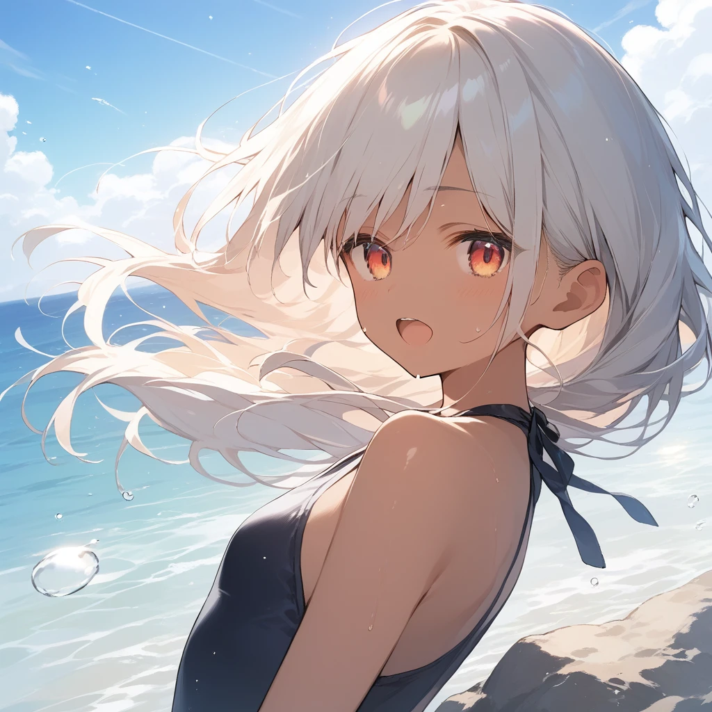 score_9, score_8_up, score_7_up, source_anime, best quality, masterpiece, official art, absurdres, highres, ultra-detailed,waifu2x,Collection: Slice of Life,break,1girl, tomboy, dark-skinned female, short hair, low ponytail, flat chest, beautiful detailed eyes, swimsuit, sweat, open mouth, (yawn:0.3), sleepily, ocean, outdoors, wind, break,(clear line illustration:1.2),very high resolution, very aesthetic, super detailed skin, Best sexual lighting powered by famous artist, 8k,cute picture,beauty illustration,photoshop_(medium),,(Detailed Lighting),best anime 8k konachan wallpaper, pixiv contest winner,