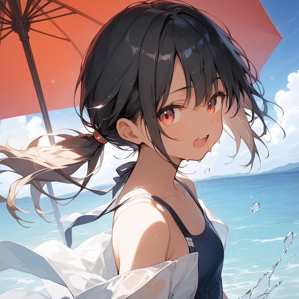 score_9, score_8_up, score_7_up, source_anime, best quality, masterpiece, official art, absurdres, highres, ultra-detailed,waifu2x,Collection: Slice of Life,break,1girl, tomboy, dark-skinned female, short hair, low ponytail, flat chest, beautiful detailed eyes, swimsuit, sweat, open mouth, (yawn:0.3), sleepily, ocean, outdoors, wind, break,(clear line illustration:1.2),very high resolution, very aesthetic, super detailed skin, Best sexual lighting powered by famous artist, 8k,cute picture,beauty illustration,photoshop_(medium),,(Detailed Lighting),best anime 8k konachan wallpaper, pixiv contest winner,