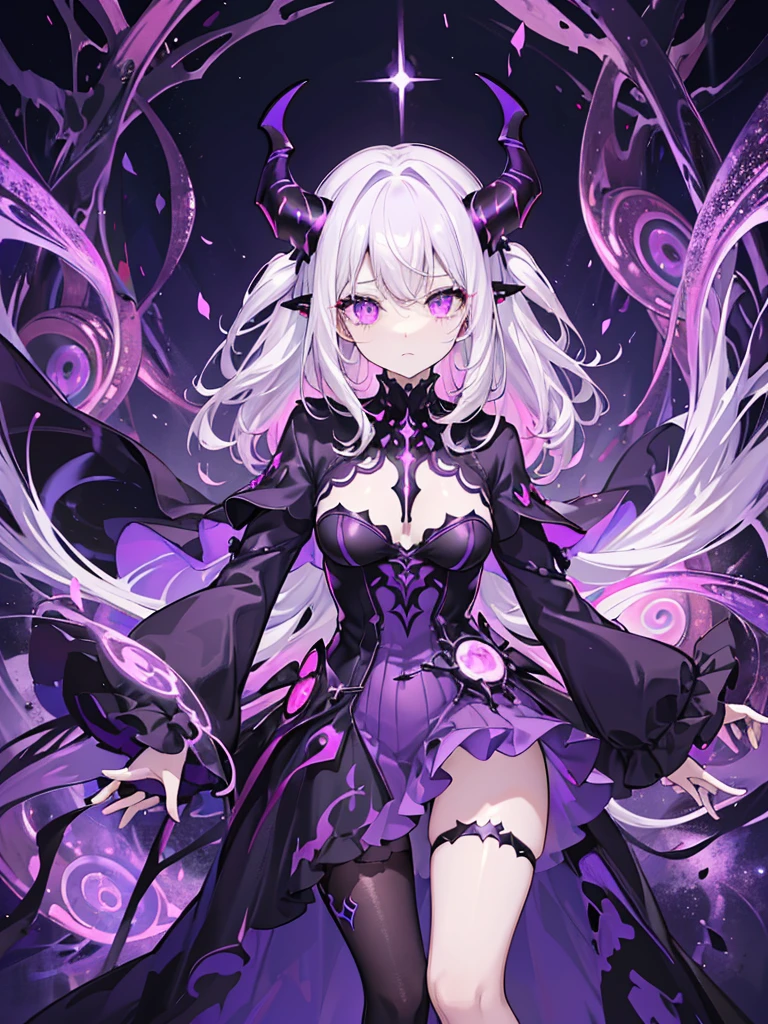 absurdres, ((high-resolution)), ultra detailed, vivid colors, abyssal goddess, dark skin, horns, white hair, ((medium hair:1.2)), (sidelocks:1.3), purple eyes, disheveled hair, long sleeves, fril gothic dress, purple and pink outfit, abyssal, darkness, tentacles, fractal, psychedelic, Whimsical