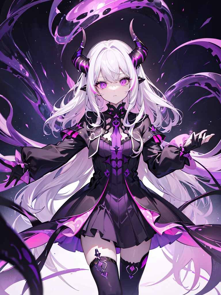 absurdres, ((high-resolution)), ultra detailed, vivid colors, abyssal goddess, dark skin, horns, white hair, ((medium hair:1.2)), (sidelocks:1.3), purple eyes, disheveled hair, long sleeves, fril gothic dress, purple and pink outfit, abyssal, darkness, tentacles, fractal, psychedelic, Whimsical