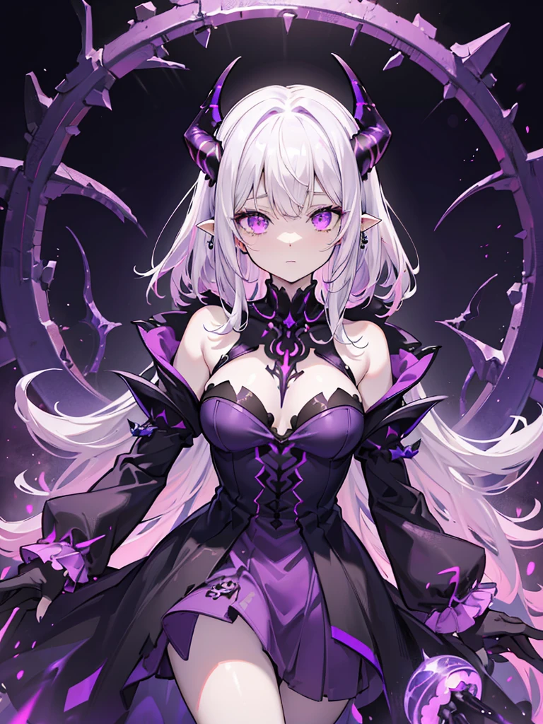 absurdres, ((high-resolution)), ultra detailed, vivid colors, abyssal goddess, dark skin, horns, white hair, ((medium hair:1.2)), (sidelocks:1.3), purple eyes, disheveled hair, long sleeves, fril gothic dress, purple and pink outfit, abyssal, darkness, tentacles, fractal, psychedelic, Whimsical