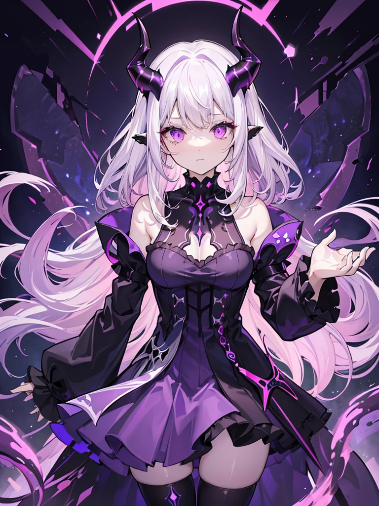 absurdres, ((high-resolution)), ultra detailed, vivid colors, abyssal goddess, dark skin, horns, white hair, ((medium hair:1.2)), (sidelocks:1.3), purple eyes, disheveled hair, long sleeves, fril gothic dress, purple and pink outfit, abyssal, darkness, tentacles, fractal, psychedelic, Whimsical