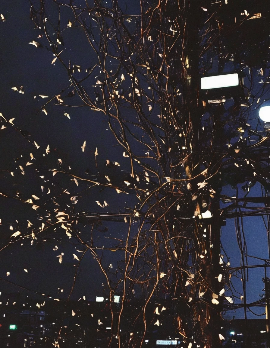 birds, electric pole with many electric cables in bangkok at night