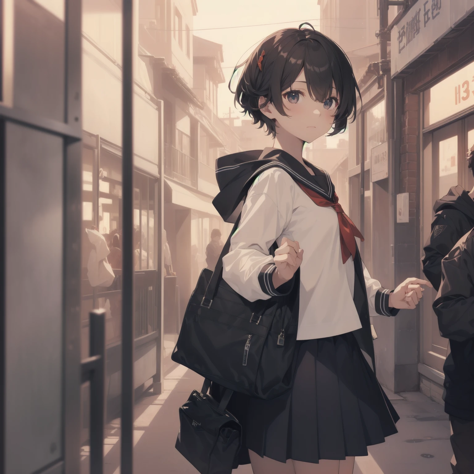 ultra-absurdres-Top quality by artist God, ultra-detailed, high resolution, anime moe artstyle, best anime 8k konachan wallpaper, pixiv contest winner, pool:2810, perfect anatomy,break, 1girl, (Please draw a girl walking sleepily to school alone. )break,(Solo,little female, 13-year-old:1.3),Full limbs, complete fingers,a junior high school student, (very short hair), short cut, flat chest, , small butt, small black eyes, beautiful detailed eyes, well-proportioned iris and pupils, expressive eyes, highres detailed hair, soft expression, salor school_uniform, sailor collar, serahuku, bow, pleated skirt,(Detailed Lighting), (Detailed background), in the School commute route. break,super detailed skin, Best cinematic lighting powered by famous artist, 8k,beauty illustration,photoshop_(medium),very aesthetic,break,((artist:sincos )), artist:clamp ,artist:carnelian ,artist:kantoku ,