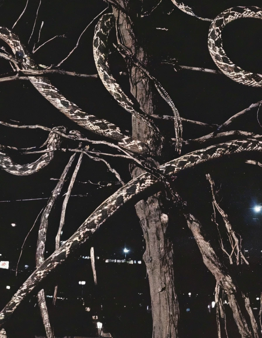 snakes, electric pole with many electric cables in bangkok at night