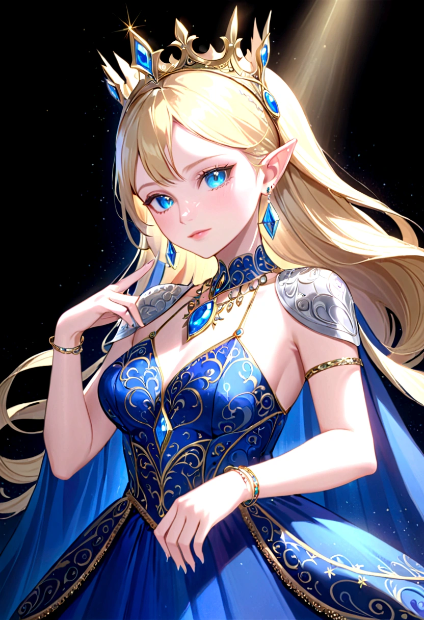 Adorned with luxurious accessories, the blonde-haired, blue-eyed elf queen captivates the viewer with her regal presence. Her gown, embroidered with gold and silver threads and intricately patterned with brightly colored threads, shimmers in the ethereal light. Ears adorned with pierced earrings sparkle, an elegant necklace adorns the slender neck, and rings and bangles adorn the fingers. giga_busty
