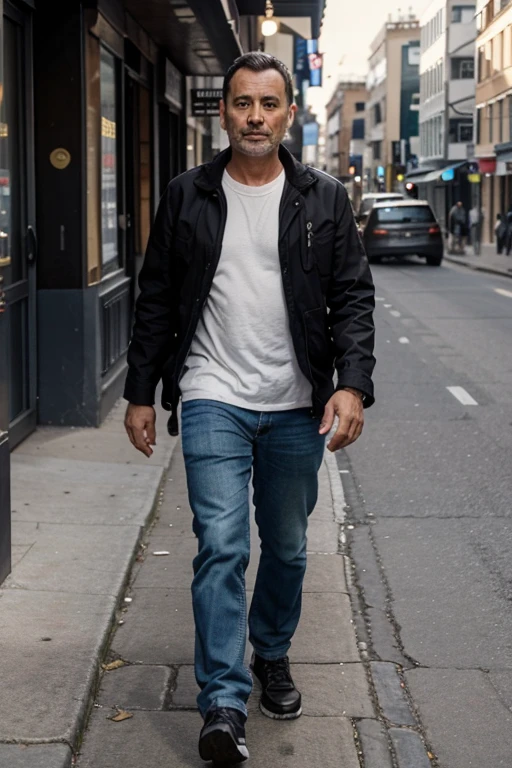 A 45 year old boy walking down the street