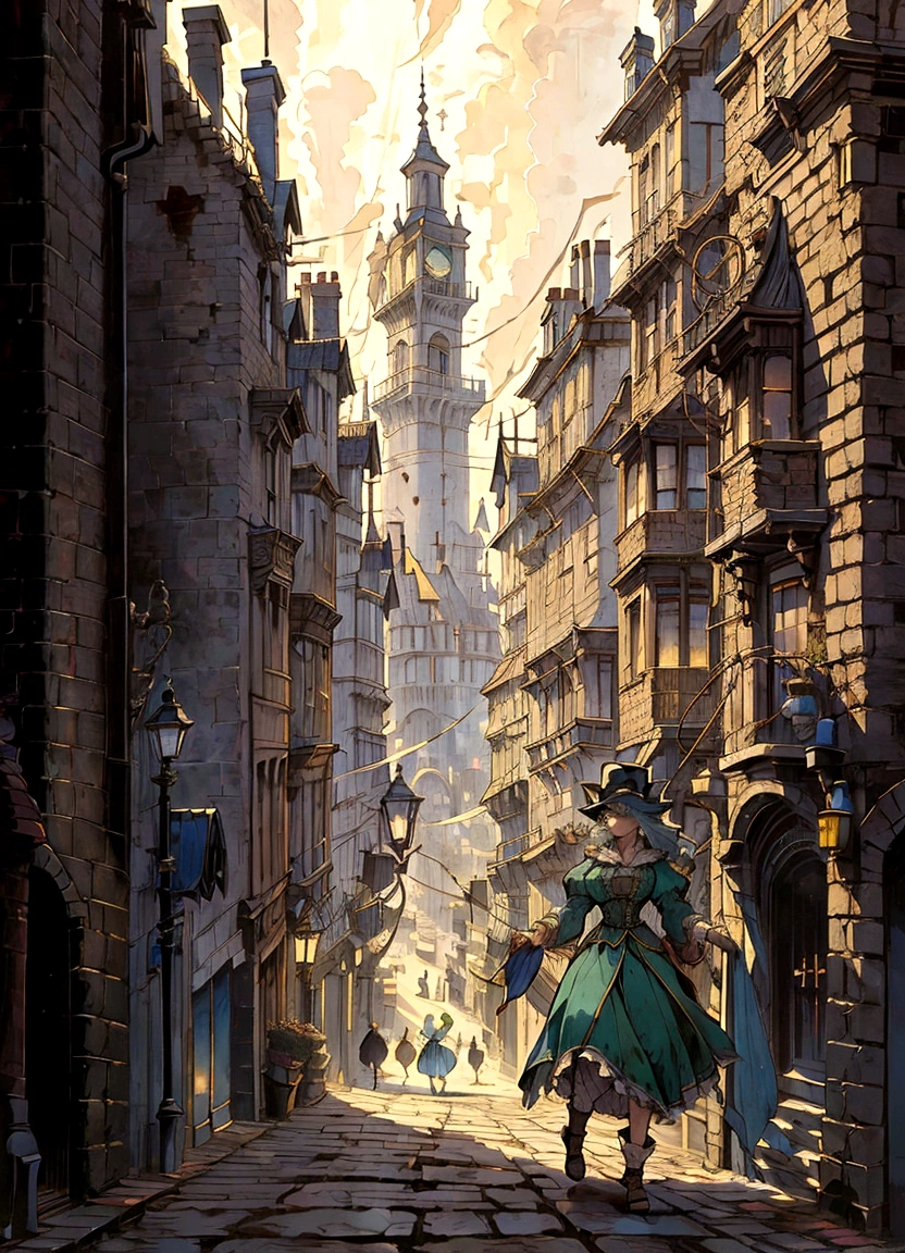 painting of a street scene with a person walking down the street, victorian city, an victorian city, style of raphael lacoste, inspired by Carl Spitzweg, by Johan Grenier, by Robert Antoine Pinchon, inspired by Raphael Lacoste, by Raphael Lacoste, james gurney painting style, victorian steampunk city vista, martin raphael lacoste