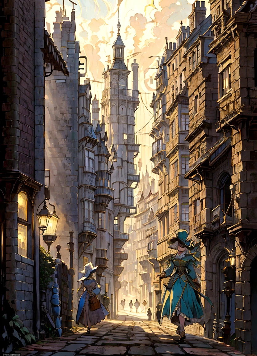 painting of a street scene with a person walking down the street, victorian city, an victorian city, style of raphael lacoste, inspired by Carl Spitzweg, by Johan Grenier, by Robert Antoine Pinchon, inspired by Raphael Lacoste, by Raphael Lacoste, james gurney painting style, victorian steampunk city vista, martin raphael lacoste