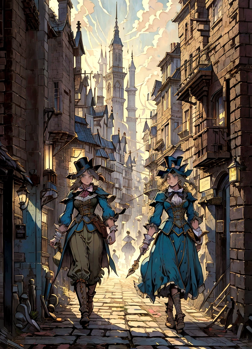 painting of a street scene with a person walking down the street, victorian city, an victorian city, style of raphael lacoste, inspired by Carl Spitzweg, by Johan Grenier, by Robert Antoine Pinchon, inspired by Raphael Lacoste, by Raphael Lacoste, james gurney painting style, victorian steampunk city vista, martin raphael lacoste