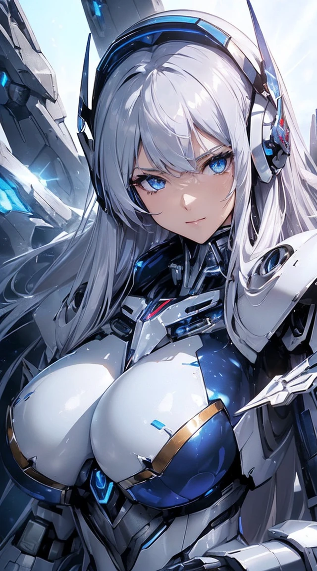 ((Extreme close up:1.6))、(((Lenses shining on both breasts:1.3)))、((Blue pillars of light radiate from both of his chests..:1.3))、break、(((Dynamic pose:1.8)))、smile、((8K)), ((32k)), ((Highest quality)), ((masterpiece)), ((超A high resolution)), ((Tmasterpiece)), ((Halation:1.4))、((Mechaニカルheadgear:1.2))、((Cyber Headphones:1.3))Fine skin, High quality fabric, High-quality metal texture、((Beautiful and dense face))、RAW Photos、Professional, Ultra-fine painting, ((alone)), Beautiful breasts、Highest quality, Very detailed, Very detailed詳細, Finer details, so beautiful, ((Princess Knight Robot:1.2)), (Joint of the machine, Mechanical Limbs:1.3), (The internal structure of the machine is exposed:1.3), (Long silver hair:1.1), (Beautiful and huge mechanical breasts)、White Veil, cowboy_shot, Side Focus, headgear, Shiny、(Five Fingers, Four fingers and thumb),Concept Art, Anime fantasy artwork, Detailed fantasy art, (with pale blue-violet hair and large white wings,,,,,,,,), (((Long silver hair))), (Mecha:1.6)、Sleek and intimidating design, ((Commander-in-Chief'arm)), (Perfect robot body)、純白と青紫のarmまたは, Symmetrical wings, 8K High Resolution, Detailed Art, 3D rendering of character art in 8K, neat legs, Defined, Defined fingers,((headshot:1.3))