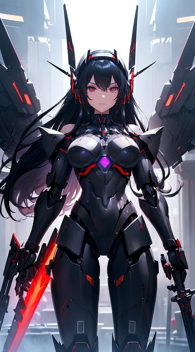((Shining lenses on both breasts:1.3))、((Pillars of red light radiate from both chests..:1.3))、((Attack pose:1.6))、((He has a red sword and a long rifle:1.6))、((Battle Scenes:1.8))、((8K)), ((32k)), ((Highest quality)), ((masterpiece)), ((超A high resolution)), ((Tmasterpiece)), ((Halation:1.4))、((Mechaニカルheadgear:1.2))、((Cyber Headphones:1.3))Fine skin, High quality fabric, High-quality metal texture、((Beautiful and dense face))、RAW Photos、Professional, Ultra-fine painting, ((alone)), Beautiful breasts、Highest quality, Very detailed, Very detailed詳細, Finer details, so beautiful, ((Black Knight Robot:1.2)), (Joint of the machine, Mechanical Limbs:1.3), (The internal structure of the machine is exposed:1.3), (Long black hair:1.1), (Beautiful and huge mechanical breasts)、White Veil, cowboy_shot, Side Focus, headgear, Shiny、(Five Fingers, Four fingers and thumb),Concept Art, Anime fantasy artwork, Detailed fantasy art, (Has light blue-purple hair and black wings,,,,,,), (((Long black hair))), (Mecha:1.6)、Sleek and intimidating design, (Jet black perfect robot body)、Jet black and reddish purple arms, Symmetrical wings, 8K High Resolution, Detailed Art, 3D rendering of character art in 8K, neat legs, Defined, Defined fingers,((headshot:1.6))