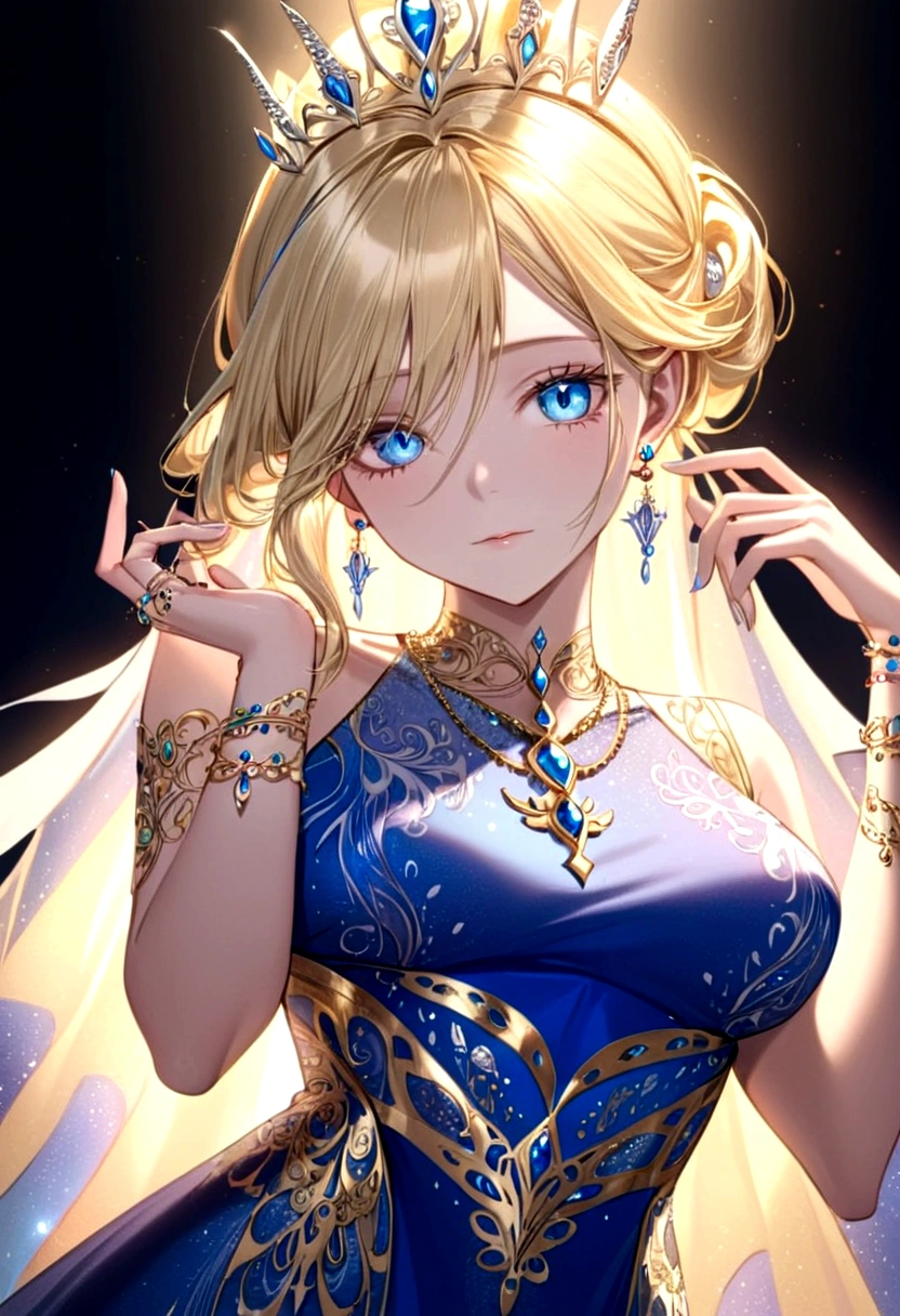 Adorned with luxurious accessories, the blonde-haired, blue-eyed elf queen captivates the viewer with her regal presence. Her gown, embroidered with gold and silver threads and intricately patterned with brightly colored threads, shimmers in the ethereal light. Ears adorned with pierced earrings sparkle, an elegant necklace adorns the slender neck, and rings and bangles adorn the fingers. giga_busty