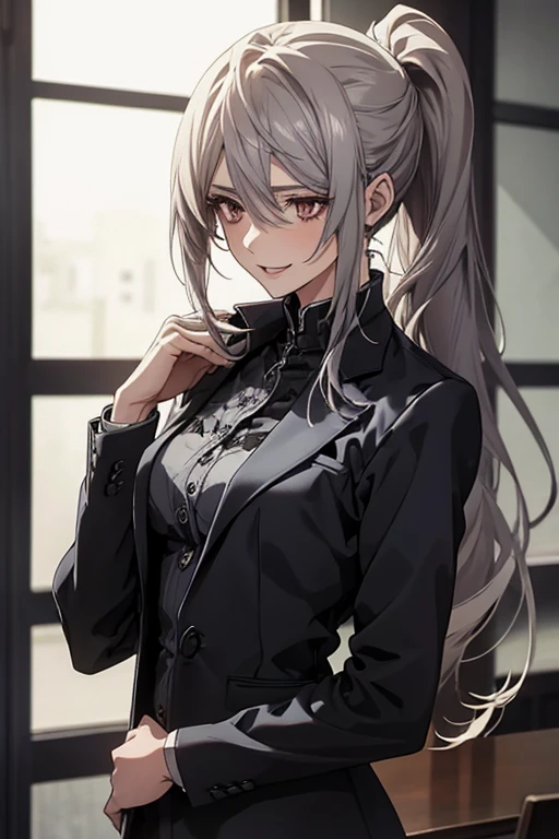 (Highest quality, High resolution, Very detailed), 1 female, Silver Hair, Long Hair, Reddish brown eyes, suit skirt, lace thong, secretary, 24th generation, Beautiful woman, mature, thin, quiet, Calm, Large Breasts, A small smile, office,