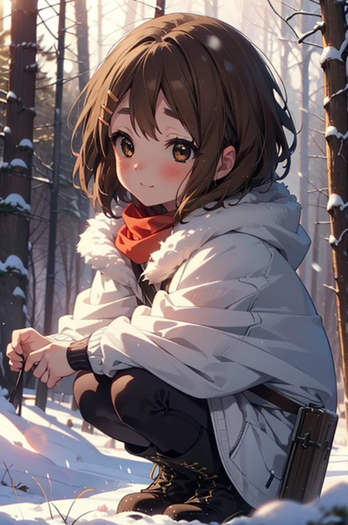 yuihirasawa, Yui Hirasawa, short hair, Brown Hair, hair ornaments, (Brown eyes:1.5), Hair Clip、smile,smile,blush,White Breath,
Open your mouth,snow,Ground bonfire,, Outdoor, boots, snowing, From the side, wood, suitcase, Cape, Blurred, , forest, White handbag, nature,  Squat, Mouth closed, Cape, winter, Written boundary depth, Black shoes, red Cape break looking at viewer, Upper Body, whole body, break Outdoor, forest, nature, break (masterpiece:1.2), Highest quality, High resolution, unity 8k wallpaper, (shape:0.8), (Beautiful and beautiful eyes:1.6), Highly detailed face, Perfect lighting, Extremely detailed CG, (Perfect hands, Perfect Anatomy),