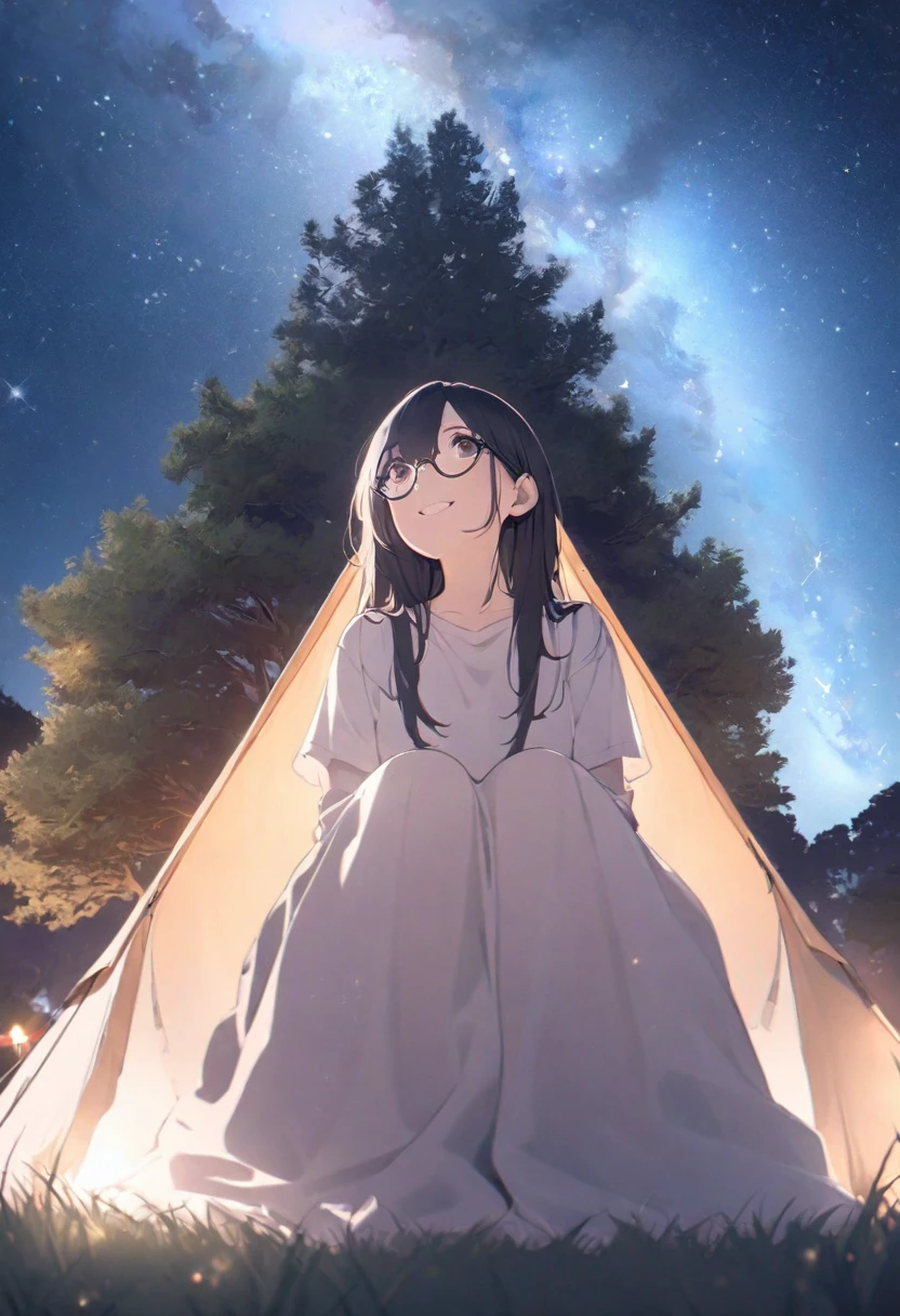 Girl sitting on the grass, Long black hair, wear glasses, Exquisite smile, Bright brown eyes, look up to the sky, light, whole body, Under a big tree, A longer view, Tent in the background, Starry Sky, Illuminating the night, Photographic Effects, 8K, Very detailed, Surrealism.