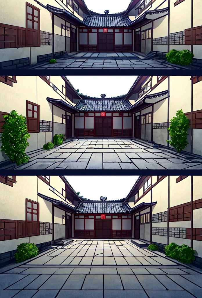 Generate three views of a somewhat dilapidated square courtyard from the Song Dynasty in China,No one lives here,The walls are broken.,There are a lot of potholes.,The corners are full of debris,Tank,broom,Tank里有几只鱼儿在游,这时一只青蛙跳到了Tank上边沿上,Ate a flying mosquito。