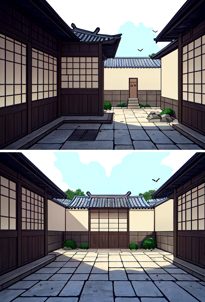 Generate three views of a somewhat dilapidated square courtyard from the Song Dynasty in China，No one lives here，The walls are broken.，There are a lot of potholes.，The corners are full of debris，Tank，broom，Tank里有几只鱼儿在游，这时一只青蛙跳到了Tank上边沿上，Ate a flying mosquito。