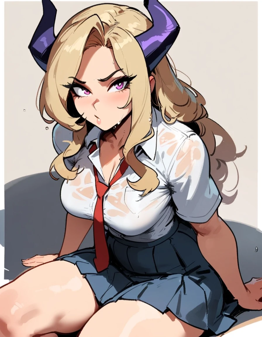 1girl, mount lady, boku no hero academia \\\\\ masterpiece, best quality, very aesthetic, absurdres, newest \\\\\\ sportive body, \\\\\\ by dodok, nyantcha, cutesexyrobutts, by khyle ///// blonde, purple eyes, (school uniform:1.2), skirt, , 24 years old, white background,tie,sit, big tits,