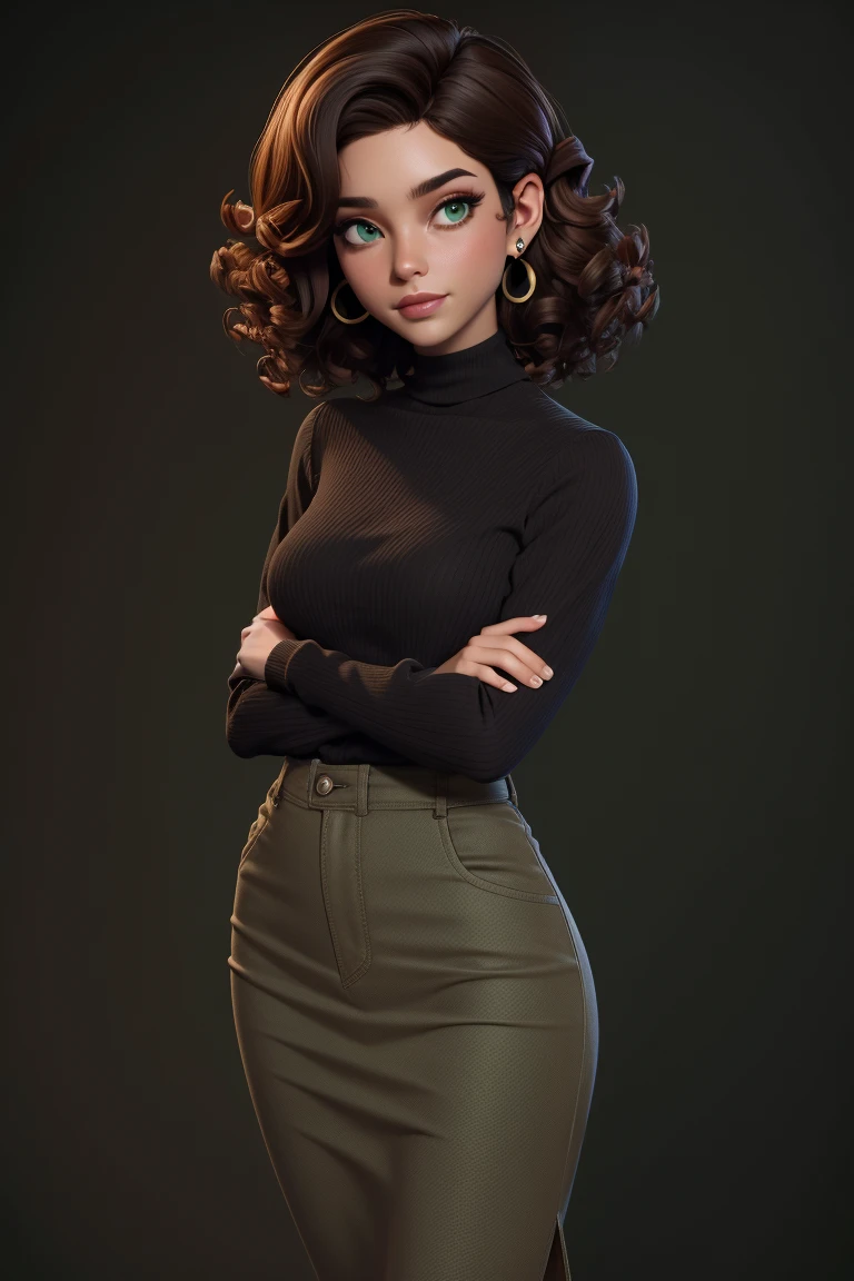 masterpiece, best quality, 1 woman, green eyes, dark skin, brown hair, short hair, curly hair, half up hair, earrings, solo, full body, turtleneck, long shirt,  background