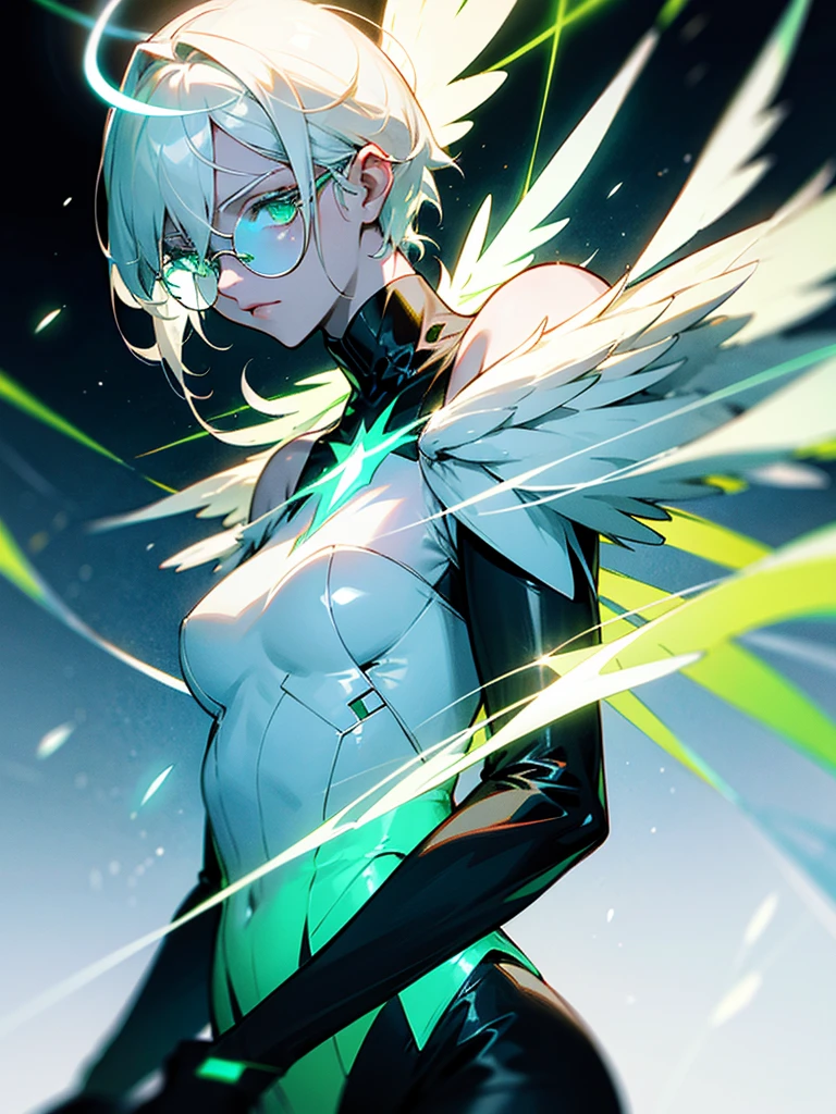 Reference sheet of a angel with white hair with green streaks, white skin, beautiful face, black glasses, glowing halo and wings in silver shiny outfit with sunlight symbol on the sleeve and blood stains