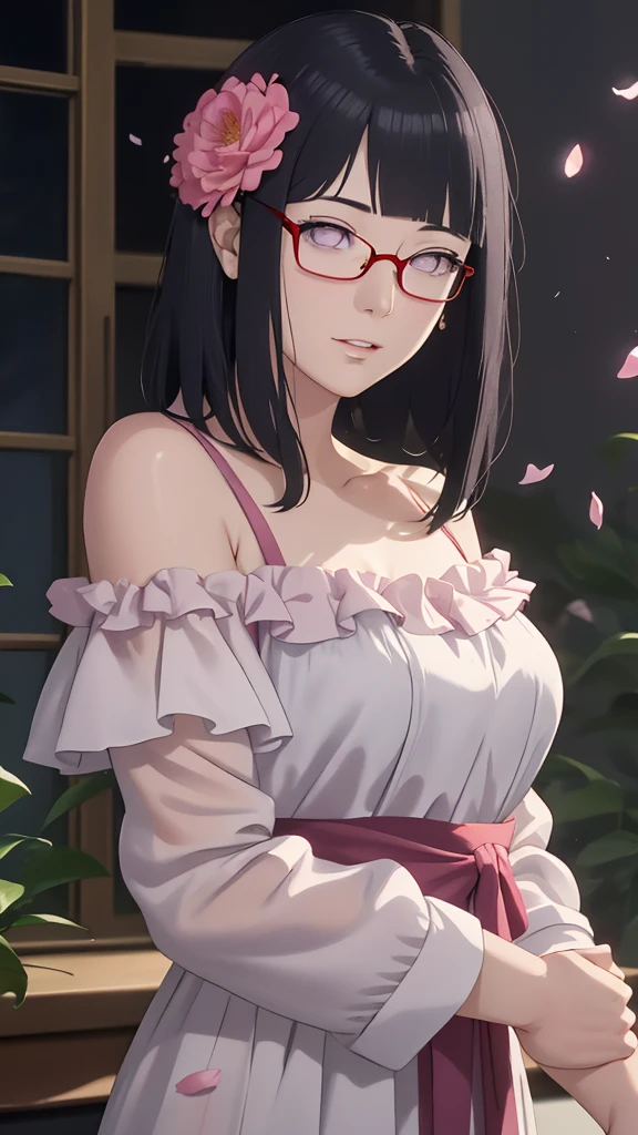 masterpiece, absurdres, hinata\(boruto\), 1girl, solo, female, off shoulder floral dress, looking at viewer, (falling petals), perfect composition, detailed lips, big breasttiful face, body propotion, blush, (pink lips), long hair,  purple eyes,  soft gaze,  super realistic, detailed, photoshoot, realistic face and body, sexual expre seductive expression,film m((secretary red glasses SEXY TRAJE))(enormtetas), escote, buena anatomia Film movie still, sakura 、Se destaca、30 years、piel palida、sonrisas inocentes、(A detailed Face)、(piel detallada)、wet, Los detalles son complejos、Shallow depth oF Field、[volume Fog]、movie lighting、ReFlectors、una Canon EOS R5、lente de 50 mm、F / 2.8、shot at 8k resoluti
