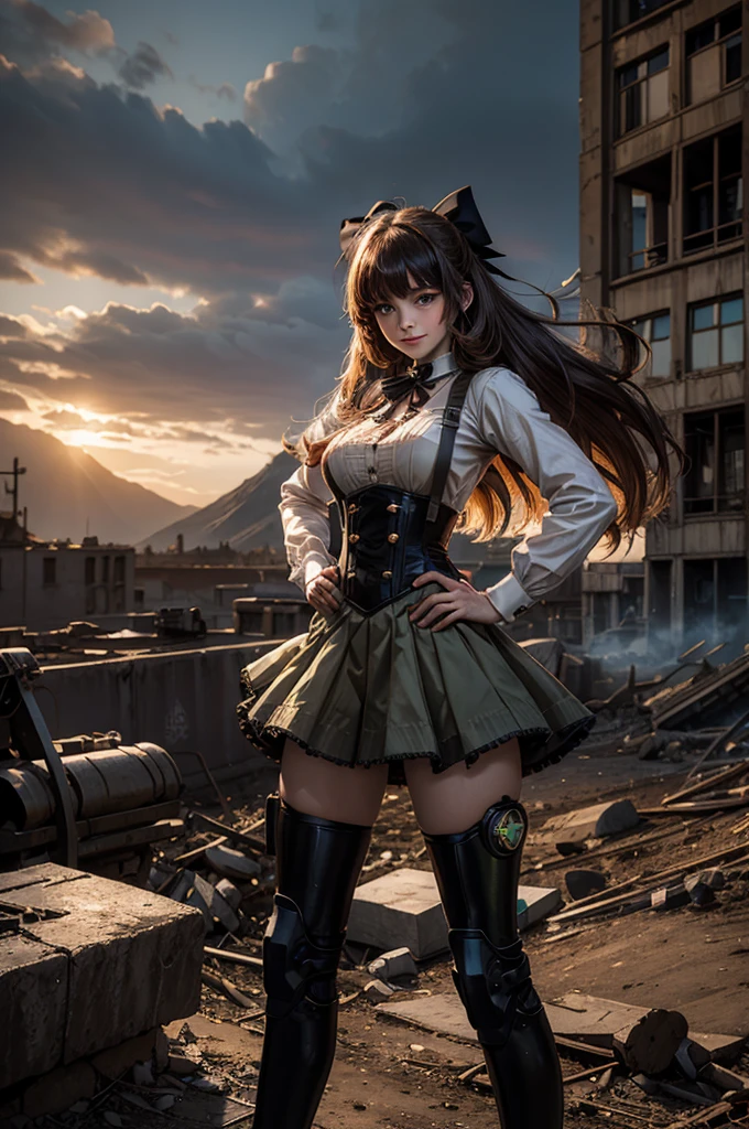 cowboy shot, dynamic pose, smile,  underbust, Penny Polendina, long hair, neck ribbon, suspender skirt, corset, black bow, white blouse, mechanical legs, neon trim, standing in city ruins on hill, in valley, hand on hip, BREAK mountains in background, waterfall, crowd, (crowd in military uniform), bonfires, post-apocalypse, dystopian future, (volumetric lighting), intricate details, tonemapping, sharp focus, hyper detailed, 

