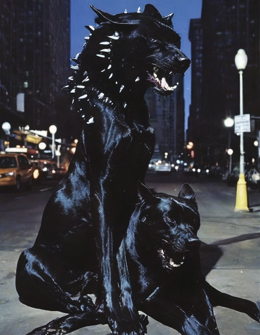 butterfly sits on giant black panther on new york street at night