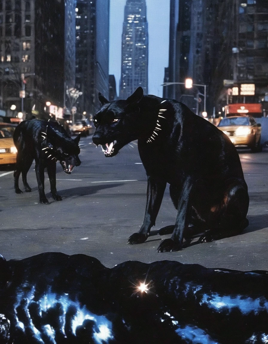 butterfly sits on giant black panther on new york street at night