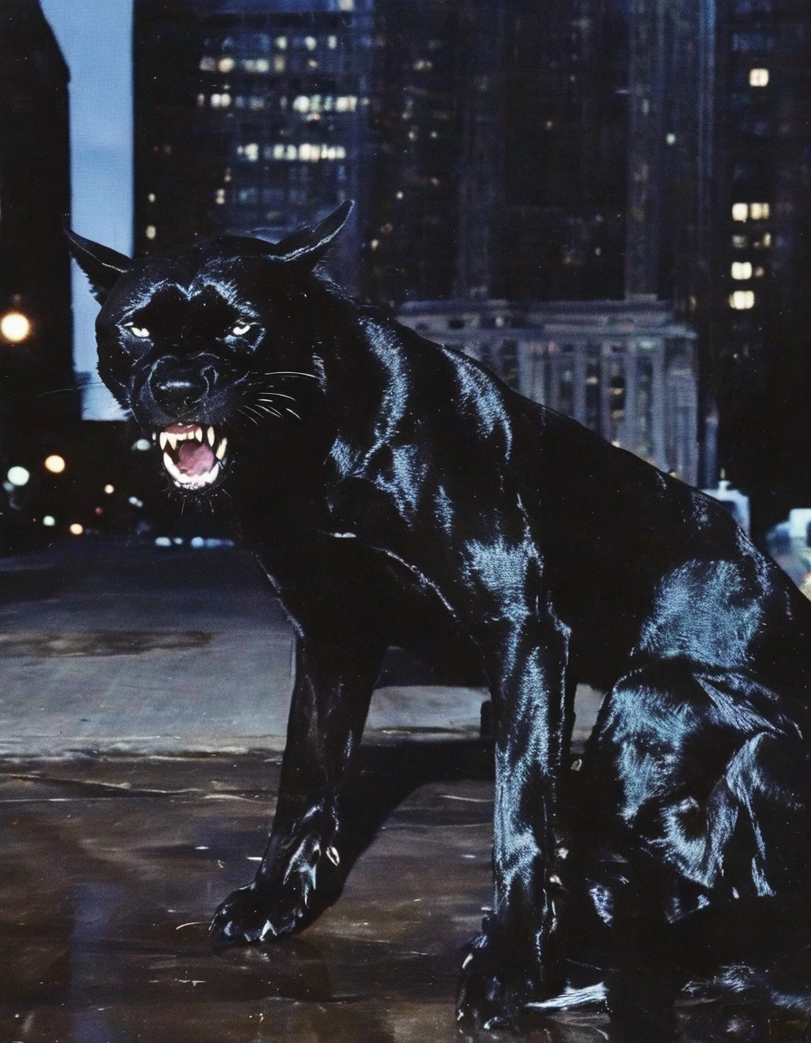 butterfly sits on giant black panther on new york street at night