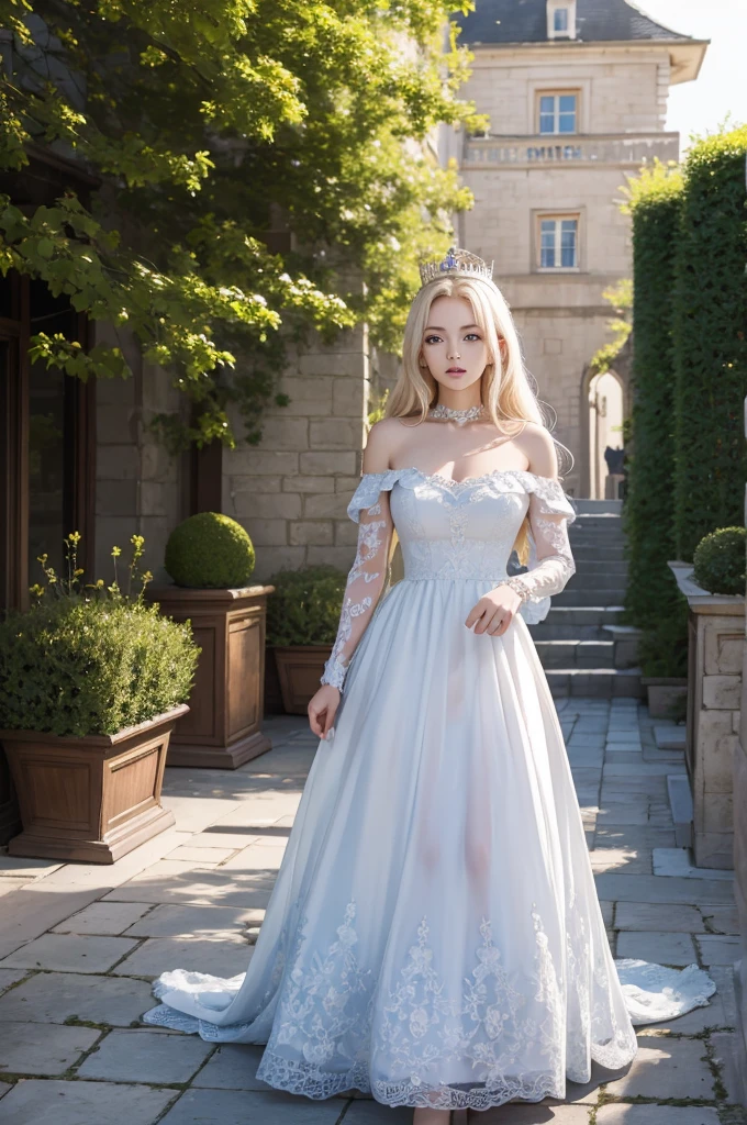 masterpiece, highres, high detailed,  intricate details, depth of field, 1 girl, queen, royal crown, Coronation Gown, queen dress, Evening Gown, outdoor background. The background is a luxurious castle, mildly clouds, best sunlight. There are 2 long flower beds besides the path, queen is standing on the path. Her face is gorgeous, beautiful, confident. She wears a lot of luxury jelweries. She has blue eyes, platinum blonde long shining hair. Behind her is the castle.