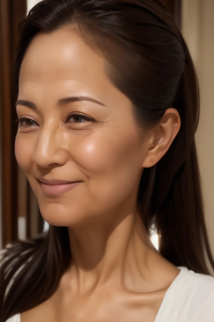 ((Highest quality)), ((8K)), ((masterpiece: 1.3)), (Perfect appearance), (Photorealism: 1.6), (ago), (JMA), (Woman portrait), (Japanese Mature), (Blurred Background), ((Looking here, A woman in the center of the screen)), ((Realistic skin texture)), (Fine wrinkles all over the skin), (Dullness), (Unmoisturized skin), (Facial wrinkles), (Wrinkles around the eyes), double eyelid, Lower eyelid tear trough, (Crying Mole), (Brown eyes), (Precise eyeball), Closed lips, Calm expression, (Dimples), (Straight hair), (Long Hair), (Thin and smooth hair), (Both ears are visible), (Medium), (Saggy breasts), (Breasts that have lost their firmness and sagging), (Wide-necked blouse), (Focus on the face),