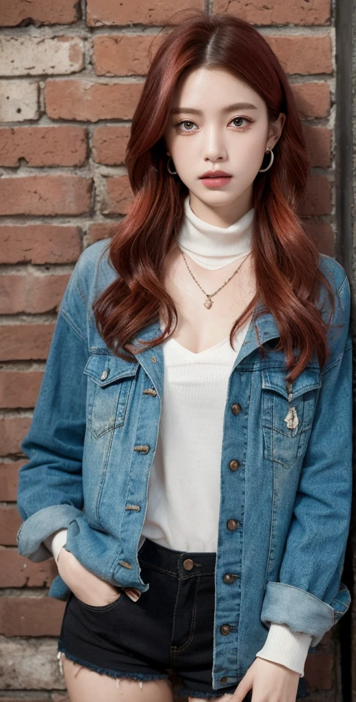 (masterpiece, best quality, 1 girl, solo, intricate details, chromatic aberration), realistic, ((medium breath)),long hair, red hair, red decoration on the head, pink highlights, amber eyes, earrings, sharp eyes, necklace, neon shirt, ripped shorts, unbuttoned jacket, turtleneck, night, against the wall, brick wall, graffiti, dim lighting, alley, look at the viewer