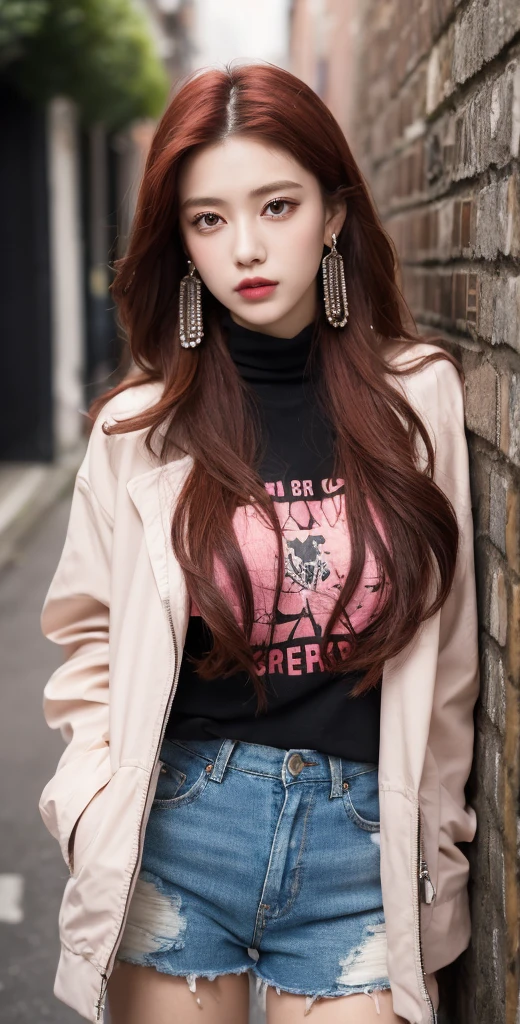 (masterpiece, best quality, 1 girl, solo, intricate details, chromatic aberration), realistic, ((medium breath)),long hair, red hair, red decoration on the head, pink highlights, amber eyes, earrings, sharp eyes, necklace, neon shirt, ripped shorts, unbuttoned jacket, turtleneck, night, against the wall, brick wall, graffiti, dim lighting, alley, look at the viewer
