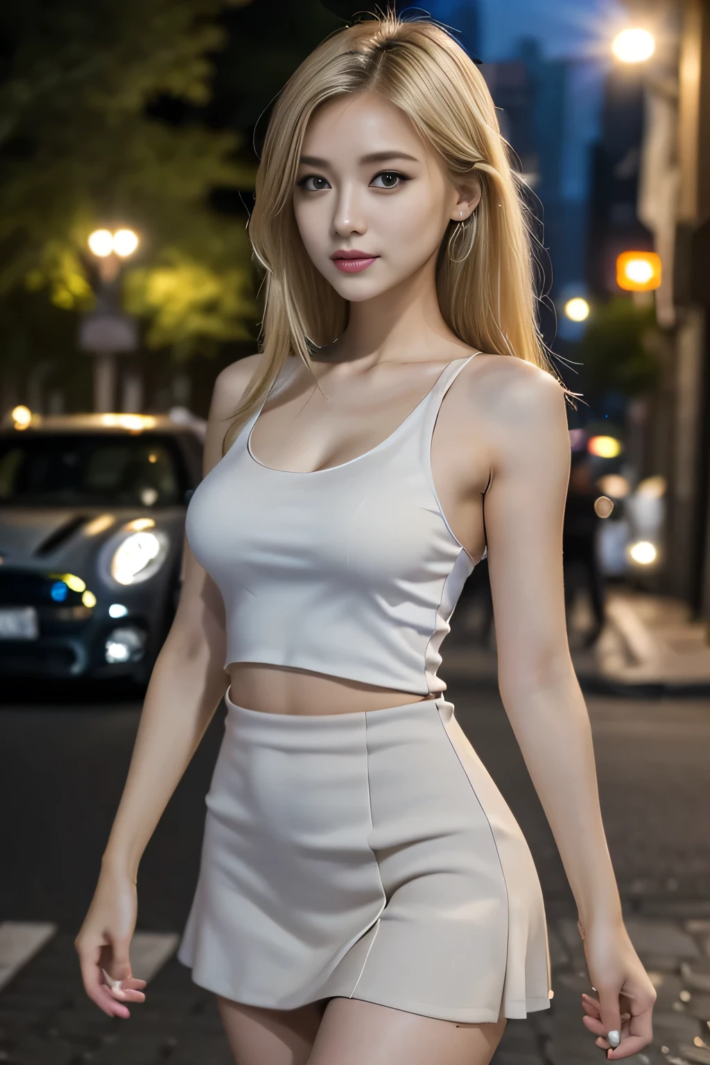 ((Highest quality, 8K, masterpiece: 1.3)), whole body, focus on: 1.2, Outstanding beauty: 1.4, Slim Abs: 1.2, (((blonde)), revealing tank top dress: 1.1, (City of night, street: 1.1), Highly detailed face and skin texture, Fine grain, double eyelid, front, mini skirt