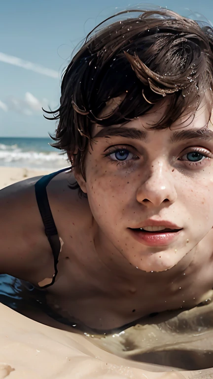  Sophia Lillis naked coming out of the water,bare chest,waves, whole body,lying in the sand,  Closed mouth, front view, taking a selfie, wet, drops of water running down the face,short hair, wet hair, ,pecoso chest, ,freckled chest ,visible ribs, muscular ,Delgado, Skinny, hairy vagina , a wet naked ugly man