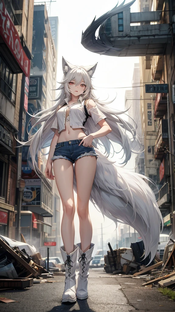 1girl, light gray long hair, pale, dark purple eyes, medium breasts, fennec fox ears, fox tail, nude, city, alleyway, on all fours, full body, barefoot, smirking, absurdres, high res, ultrasharp, 8K, masterpiece